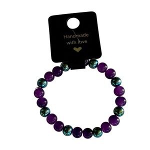 Handmade Purple Bead Bracelet‎ Iridescent Accent Beads Stretchy Bracelet
